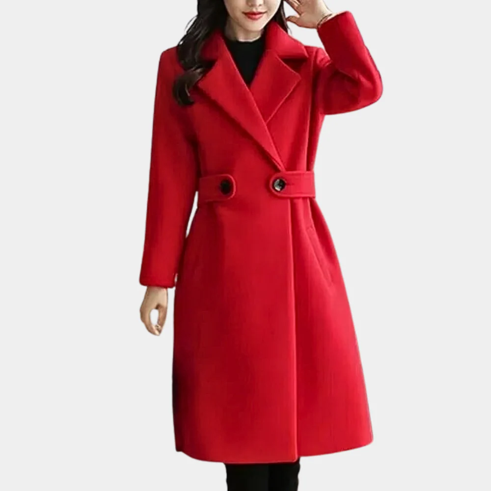 Women's camel wool tailored knee-length coat single-breasted wide lapel professional elegant
