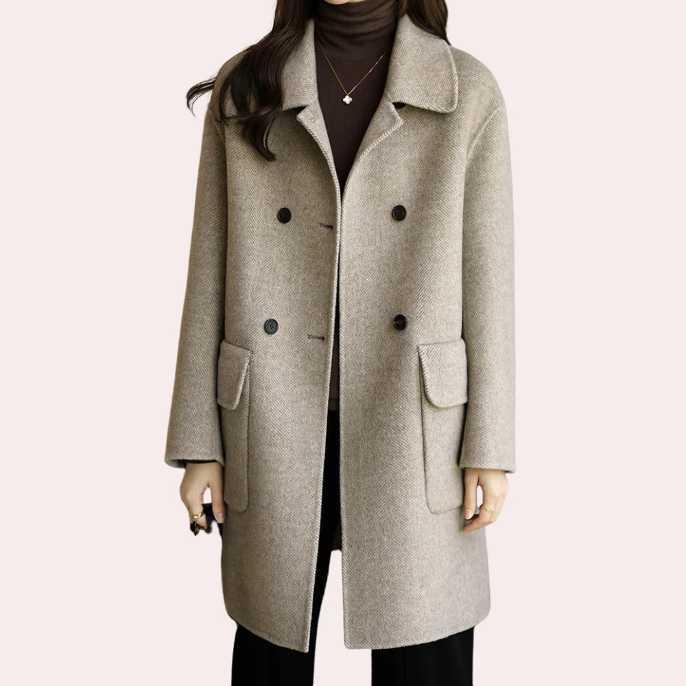 Women's double-breasted wool coat structured fit notched collar professional tailored style