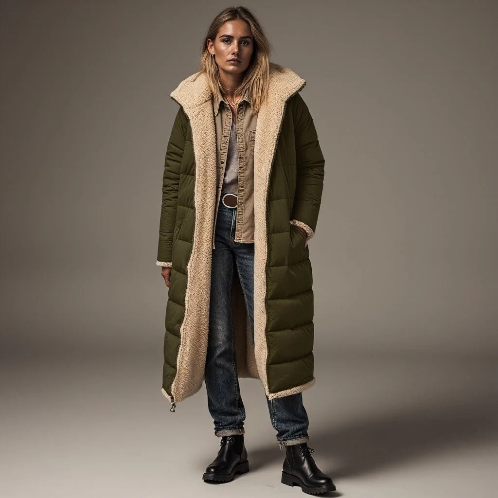 Women's long quilted jacket relaxed fit fleece collar fully lined warm winter outerwear
