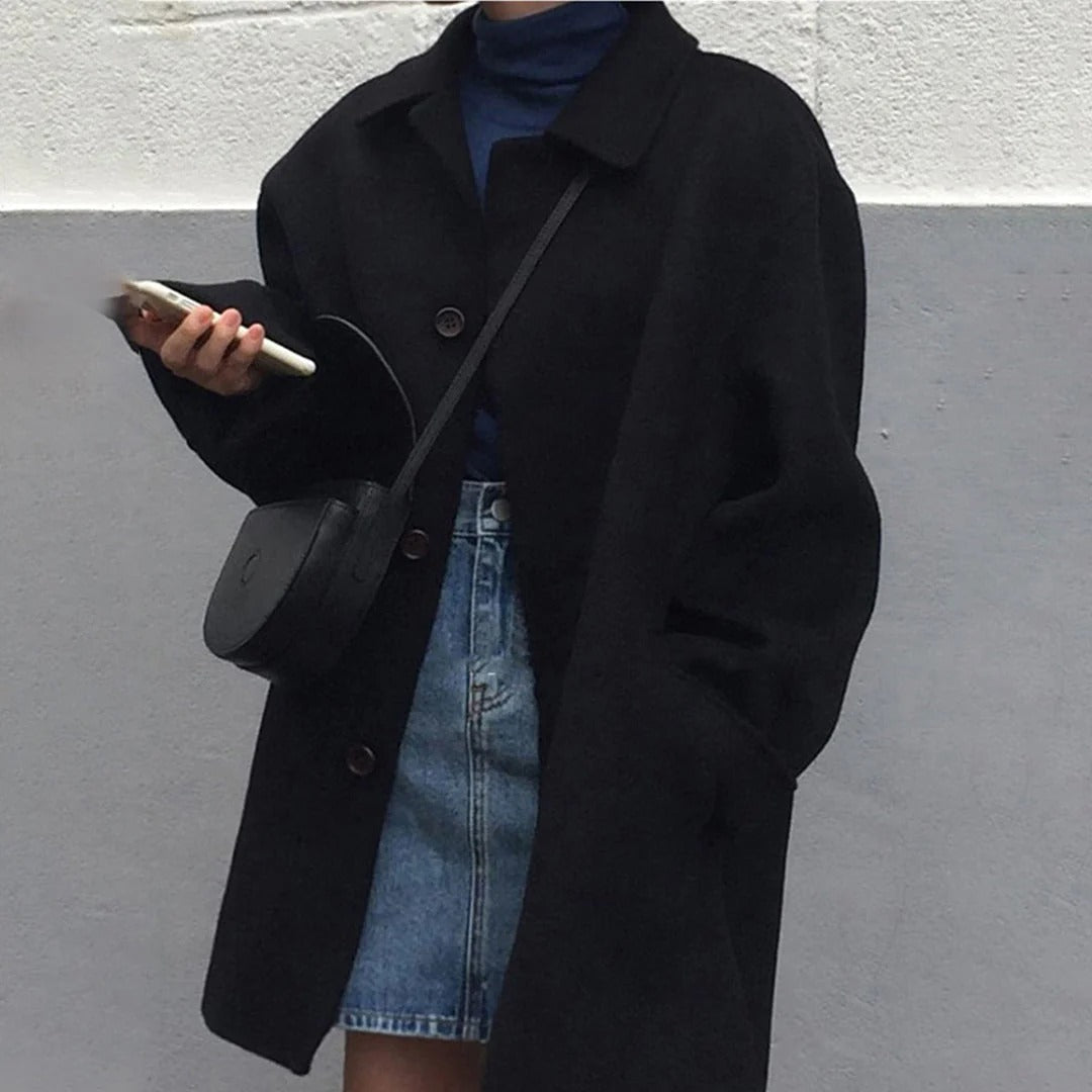 Women's wool jacket relaxed fit hip-length classic collar button closure timeless style