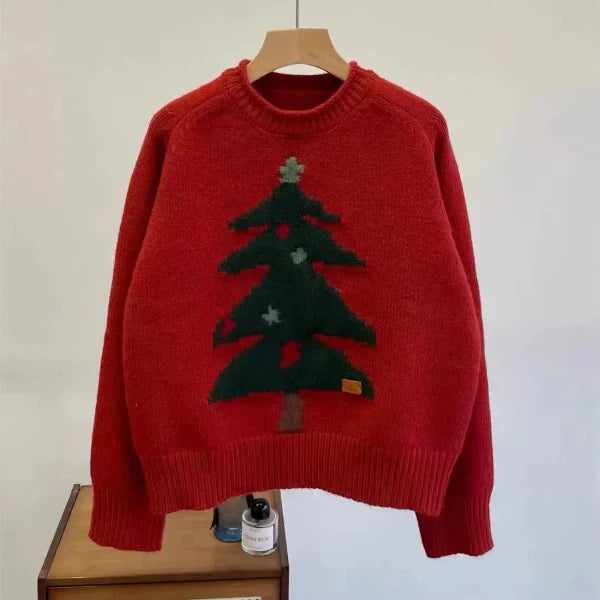 Women's wool knit pullover sweater relaxed fit crew neck with subtle tree graphic, cozy fall style