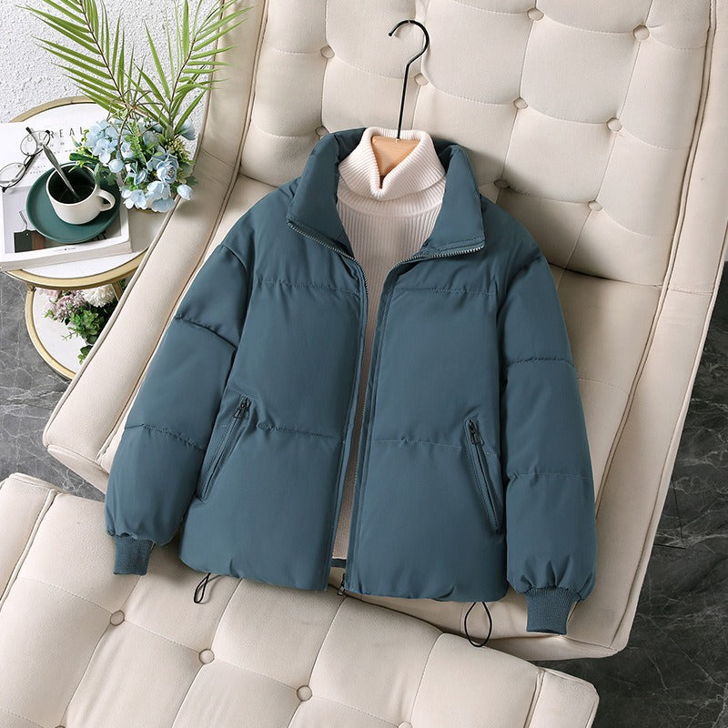 Women's woven oversized hip-length jacket with stand-up collar, relaxed fit for effortless layering