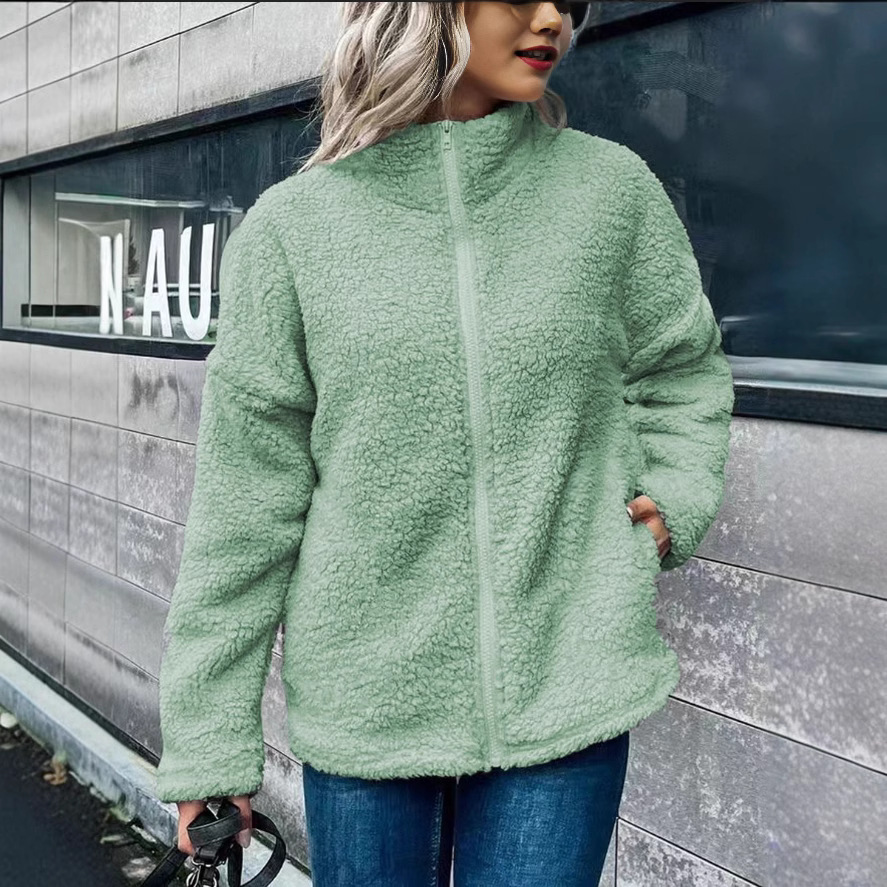 Women's oversized wool blend fleece coat stand collar zip long sleeve warm layering outerwear