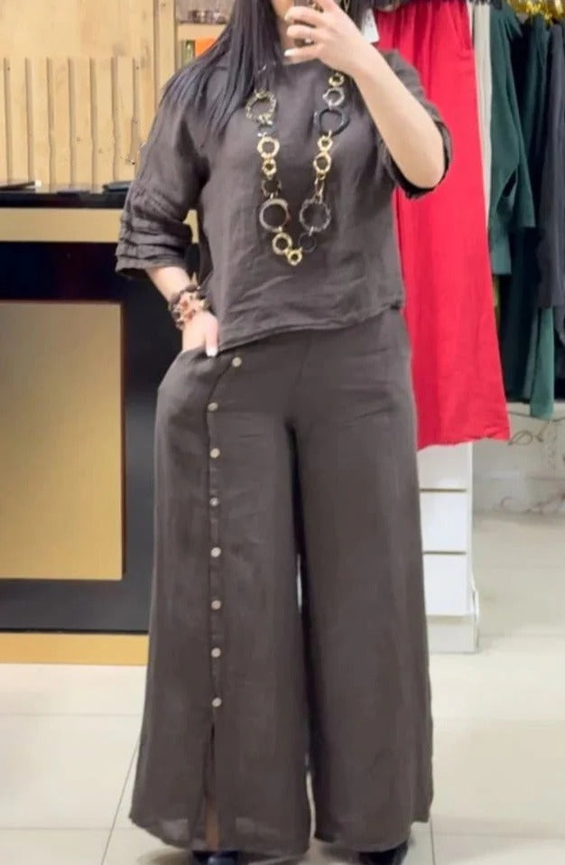 Women's linen two-piece set relaxed top wide-leg pants with button detail in neutral tones
