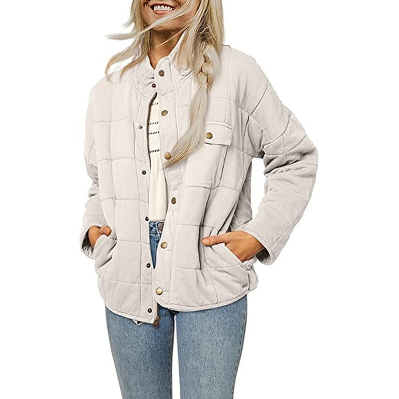 Women's mid-length quilted jacket loose fit stand collar button front casual outerwear
