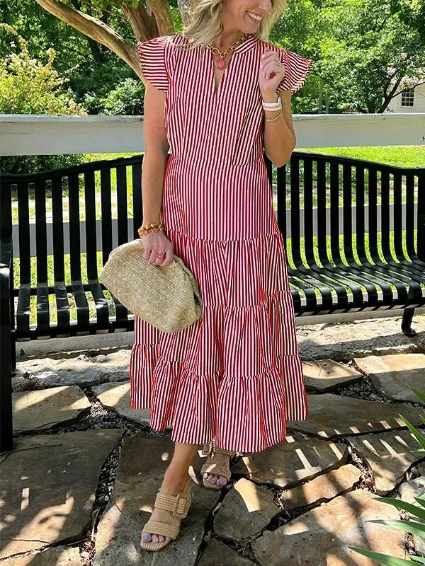 Women's midi dress loose fit V-neck striped flutter sleeves casual chic warm-weather style