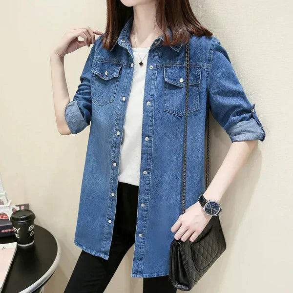 Women's slim fit denim shirt button-front with chest pockets medium length classic blue