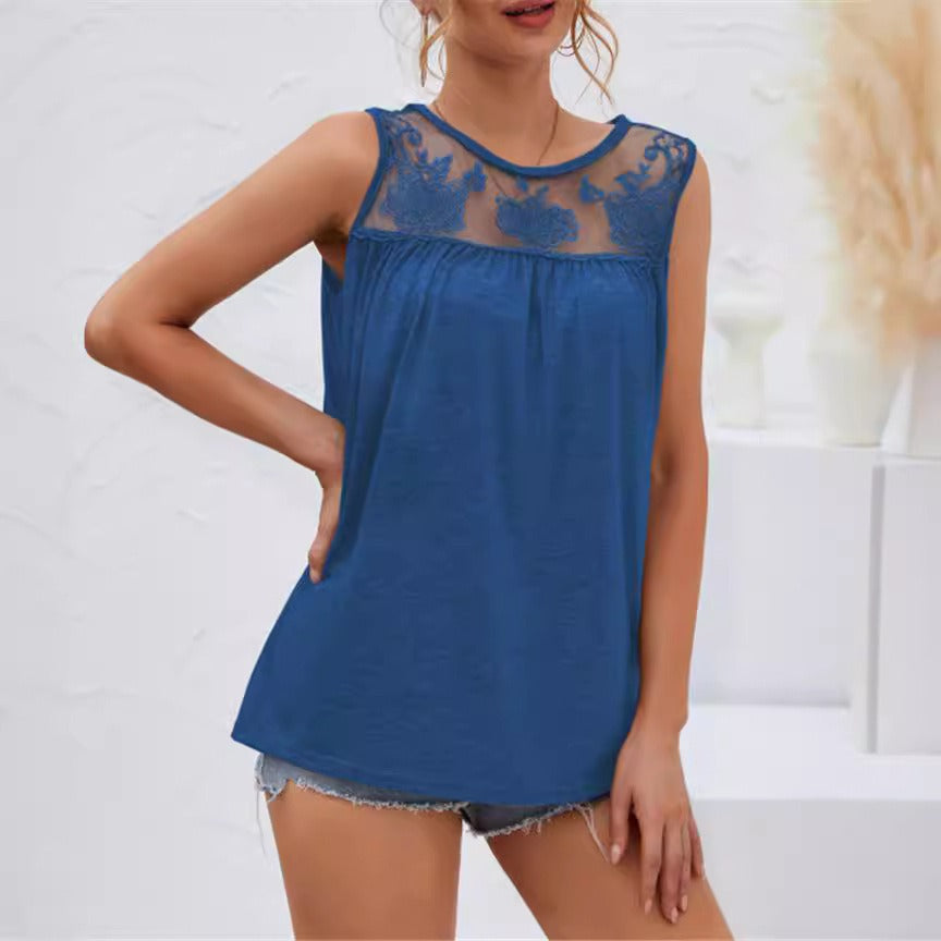 Women's sleeveless cotton top loose fit with delicate lace yoke detail casual warm-weather style