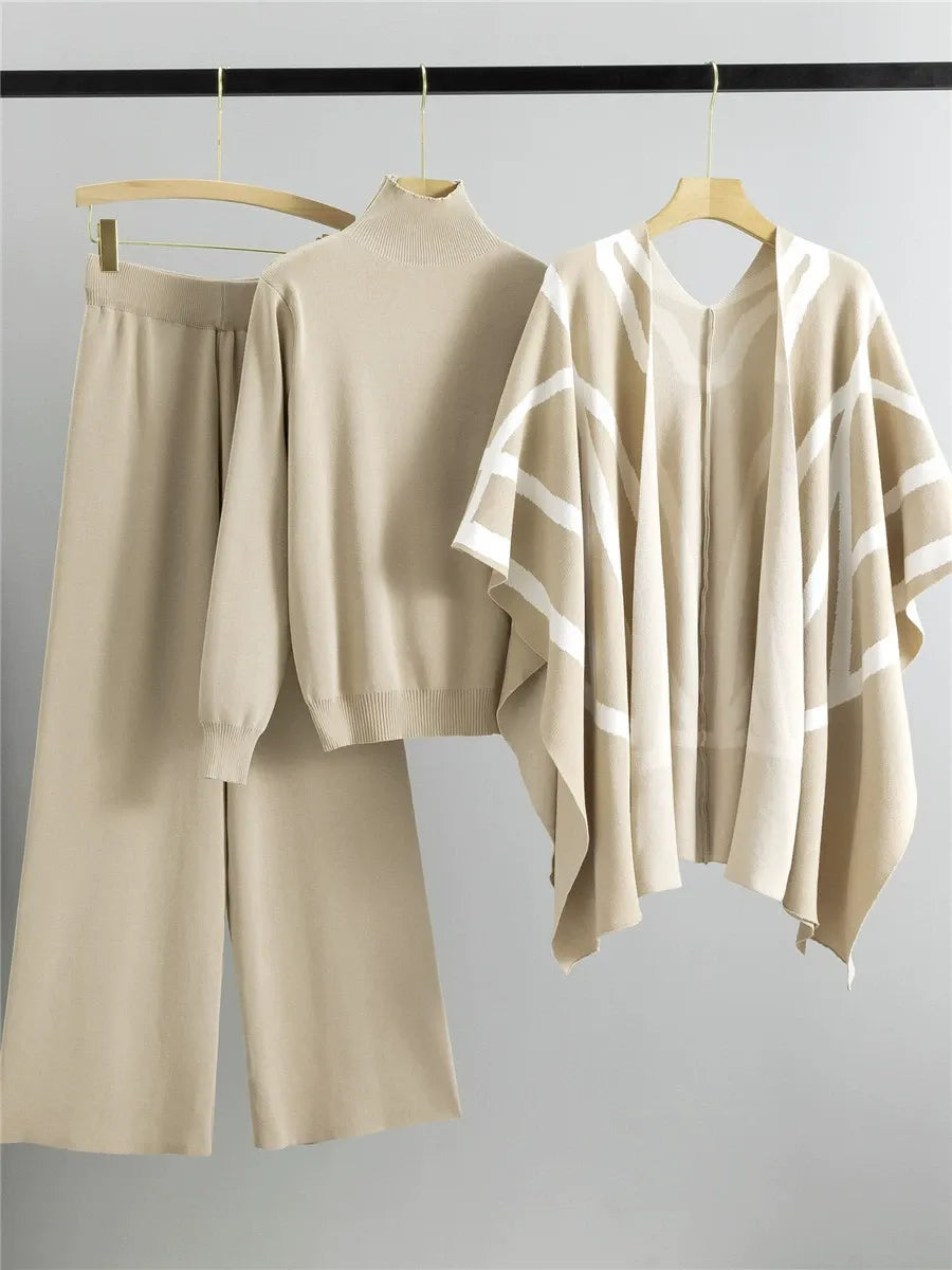 Women's three-piece knit shawl cape set with geometric pattern open-front design and relaxed fit