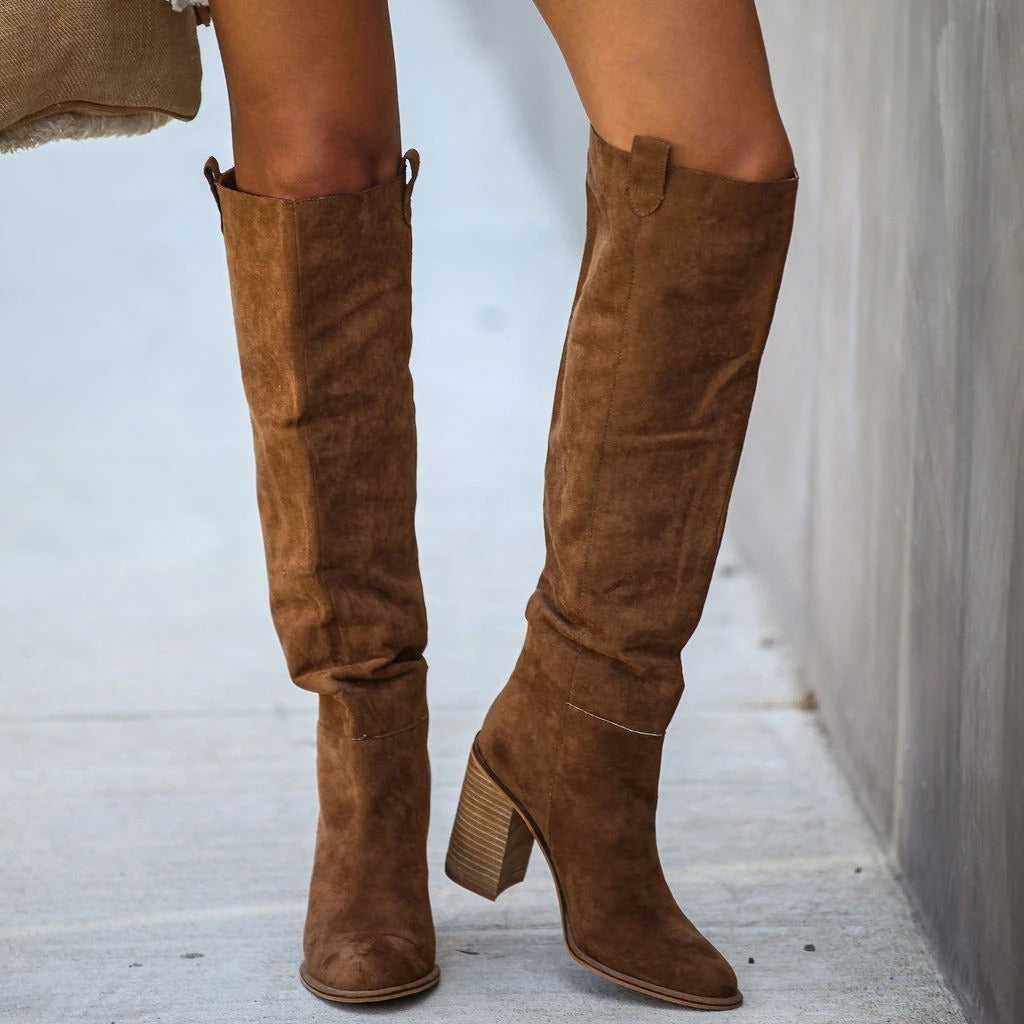 Women's over-the-knee suede-feel pull-on boots block heel pointed toe sleek everyday style