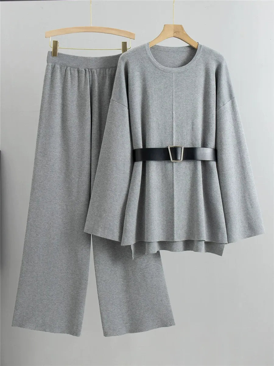 Women's knit two-piece suit set with flared sleeves and high-waist wide-leg pants in neutral tone
