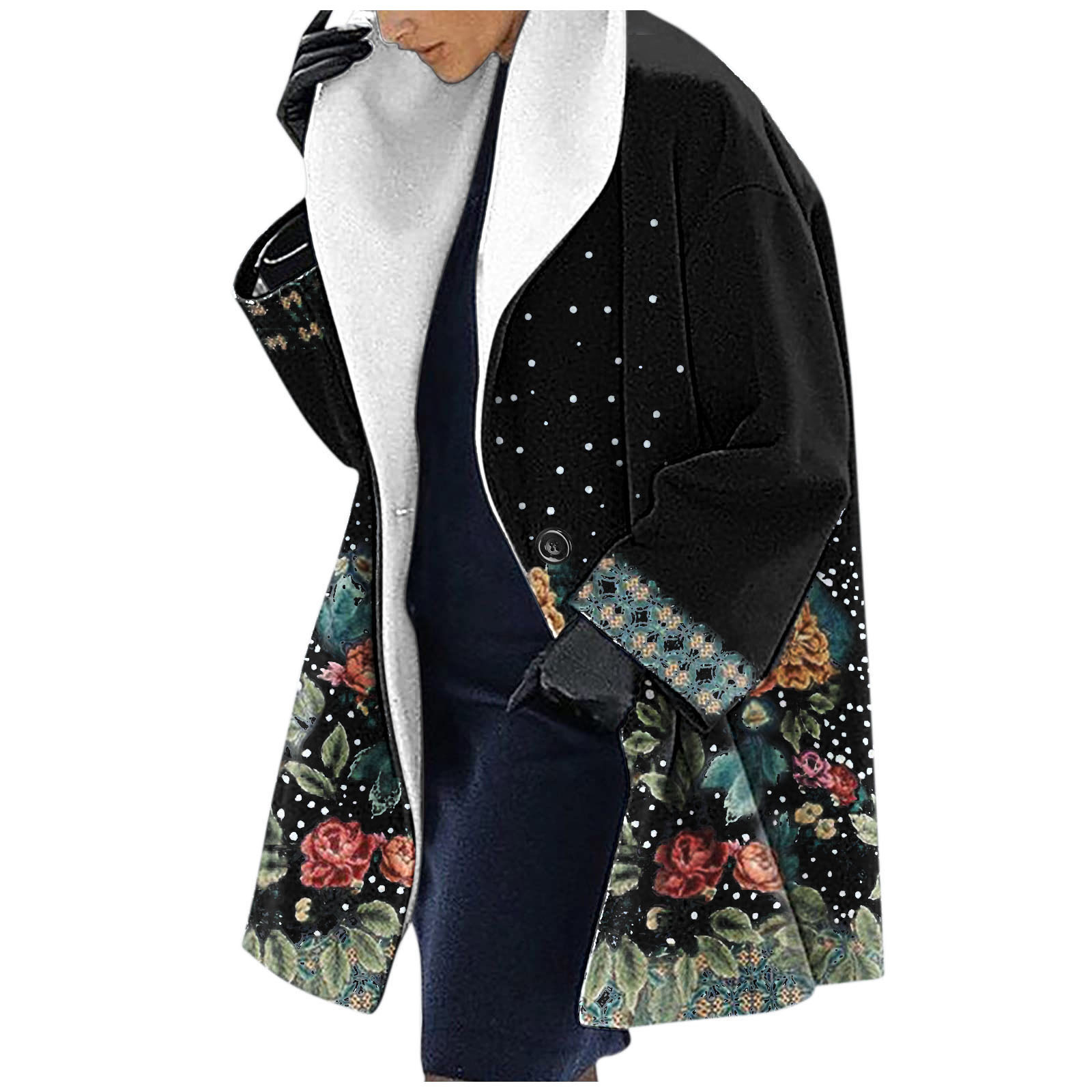 Women's wool blend mid-length hooded coat with bold ethnic floral print, relaxed fit outerwear
