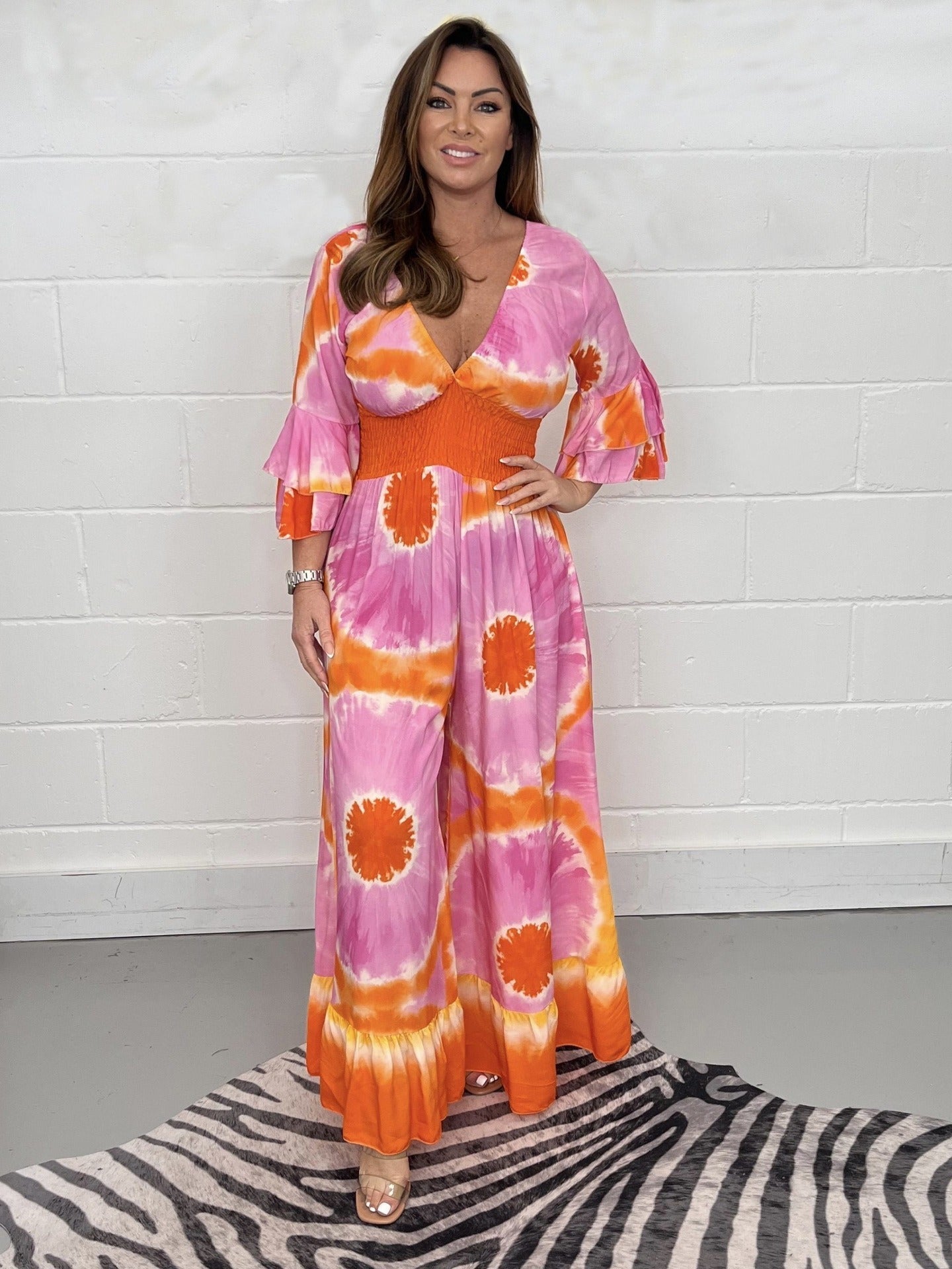 Tie-dye women's jumpsuit relaxed fit V-neck bell sleeves flared leg boho one-piece