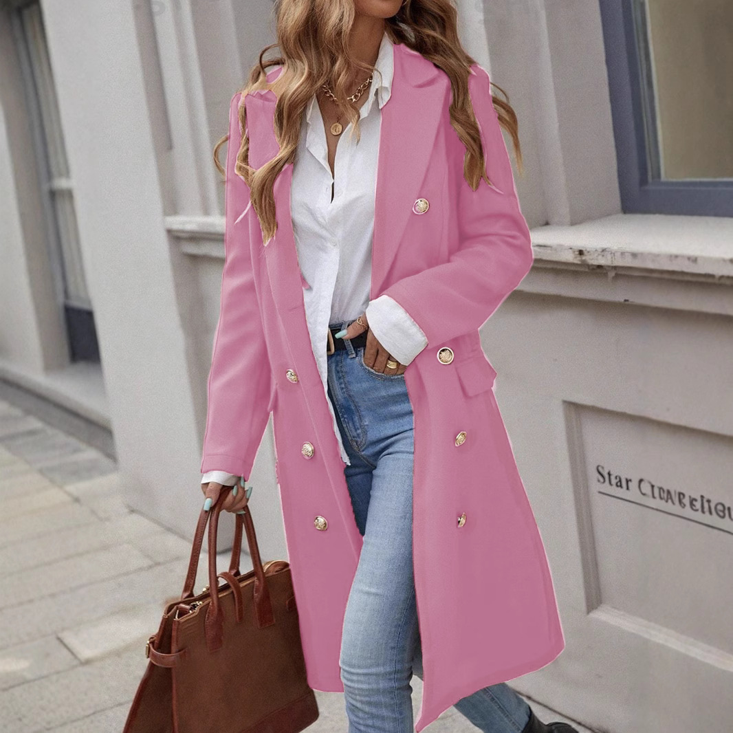 Women's camel wool coat tailored fit double-breasted full-length professional elegant silhouette