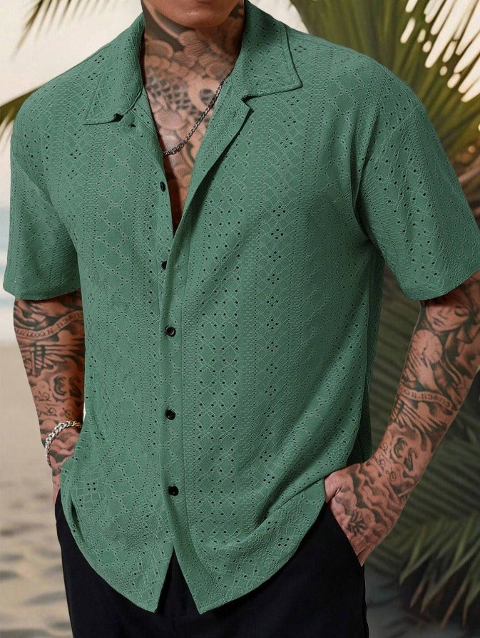 Men's short sleeve breathable jacquard shirt regular fit casual modern style in neutral tones