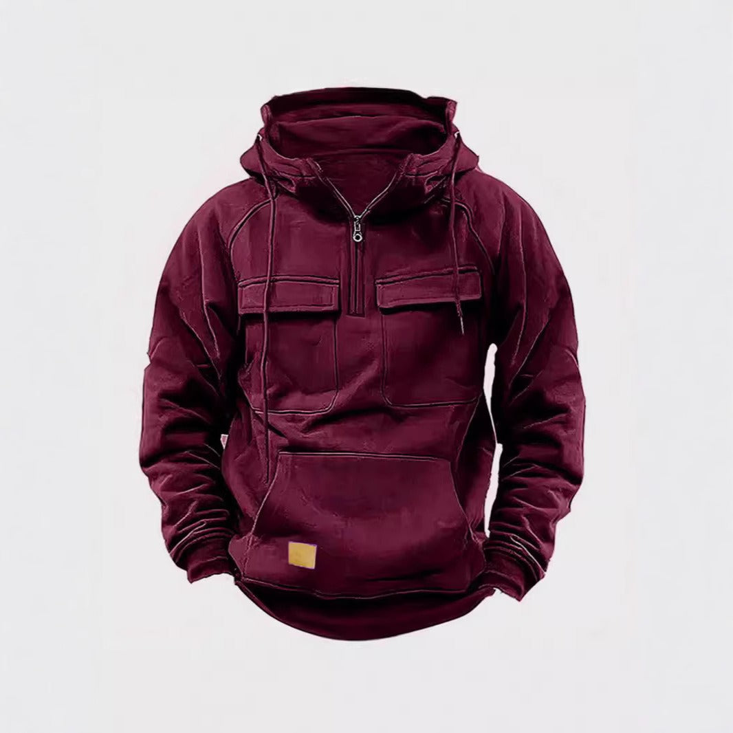 Men's relaxed fit half-zip hoodie with chest pockets in soft cotton fleece urban streetwear style