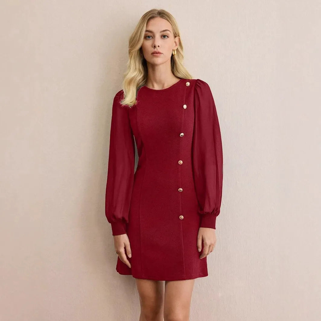 Women's slim fit short dress with sheer sleeves and asymmetric button detail for modern elegance