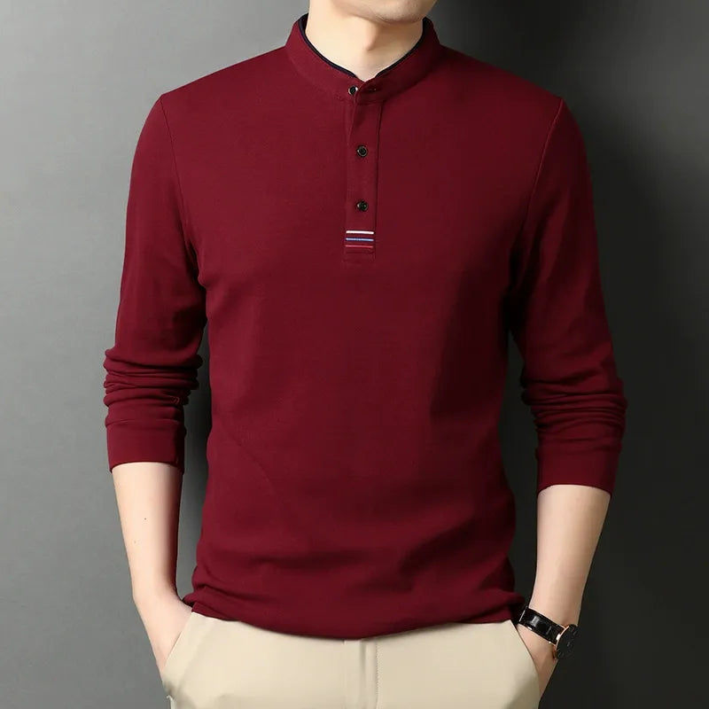 Men's white cotton long sleeve shirt stand collar button placket modern slim fit versatile casual style