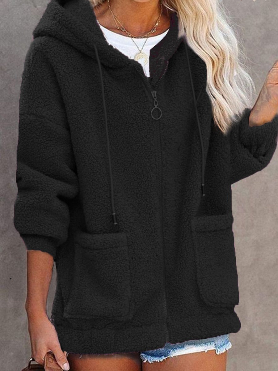Women's oversized sherpa hooded jacket zip-front cozy plush faux fur casual outerwear