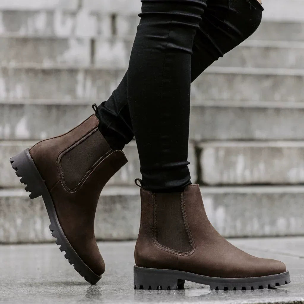 Women's nubuck leather Chelsea ankle boots with elastic goring and chunky lug sole, everyday style