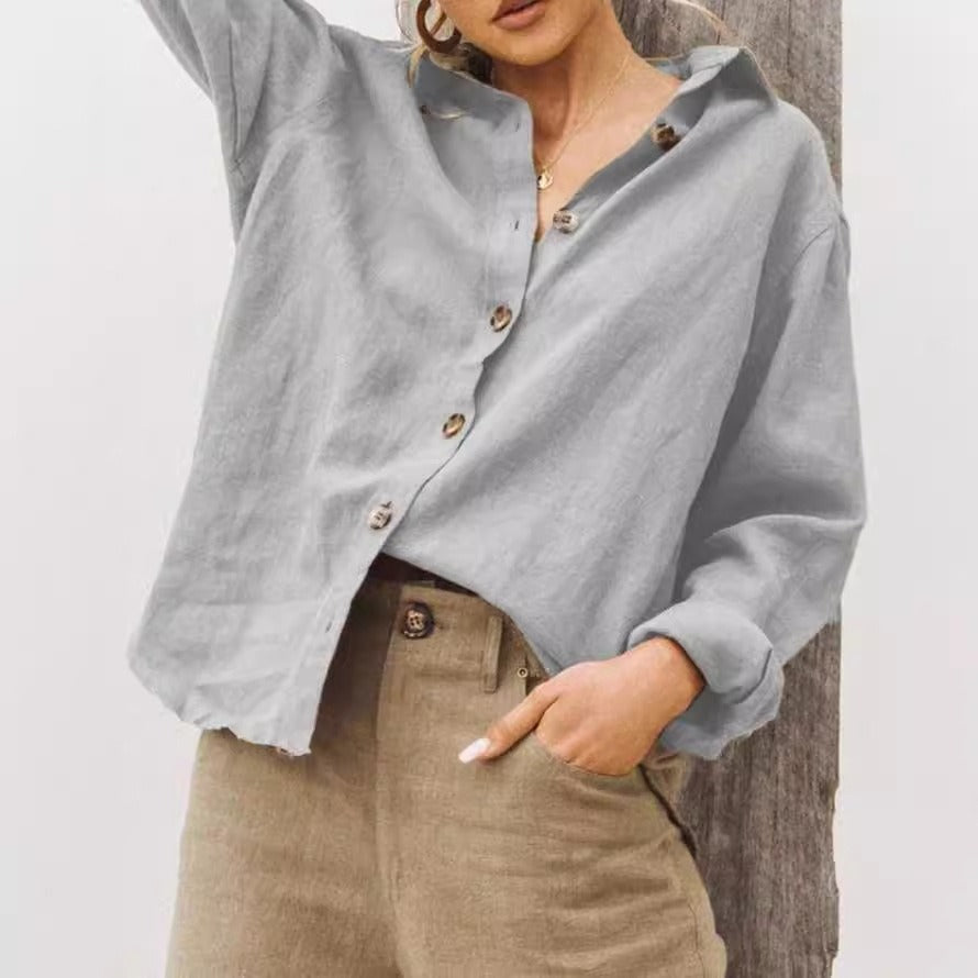 Women's loose fit cotton linen blend long sleeve button front collar shirt breathable everyday comfort