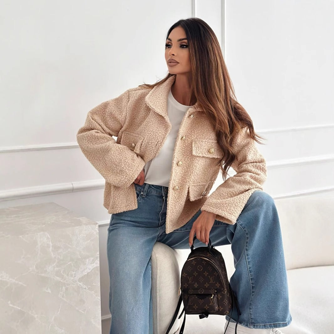 Women's relaxed fit faux-shearling knit jacket hip-length collared with metallic button closure