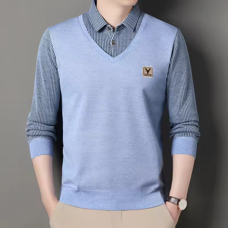 Men's slim fit knit pullover sweatshirt V-neck faux layered plaid sleeves casual knitwear