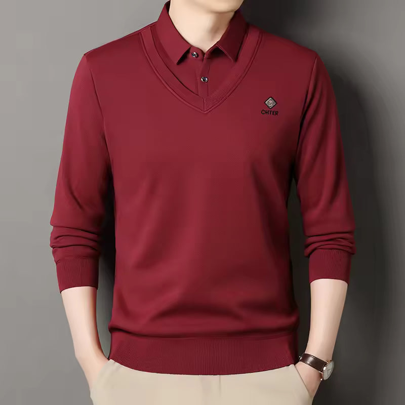 Men's fleece-lined slim fit pullover sweater with polo collar V-neck in modern casual style