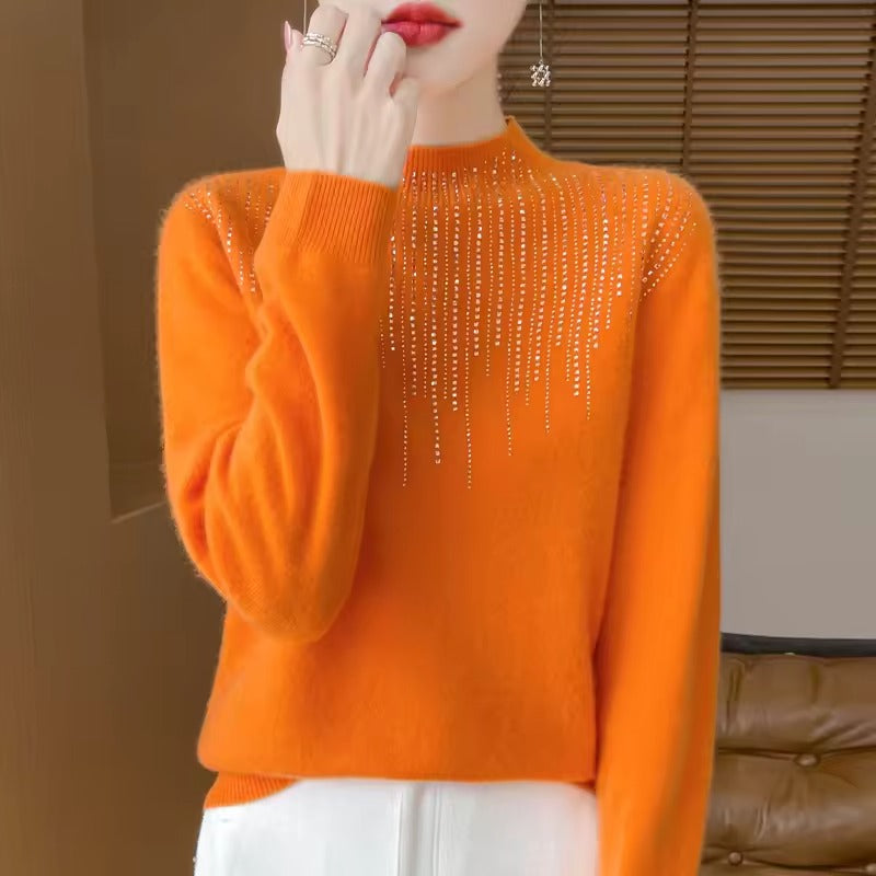 Women's loose fit wool knit sweater high neck embellished diamond pattern cozy fall top