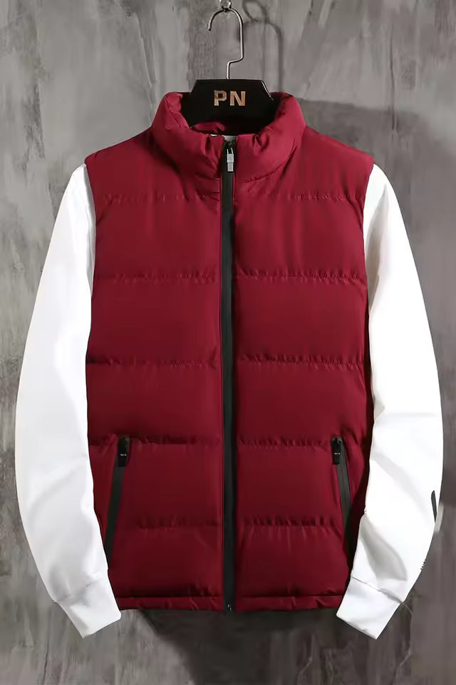 Men's quilted vest wind-resistant high collar zipper front regular fit padded insulation outdoor