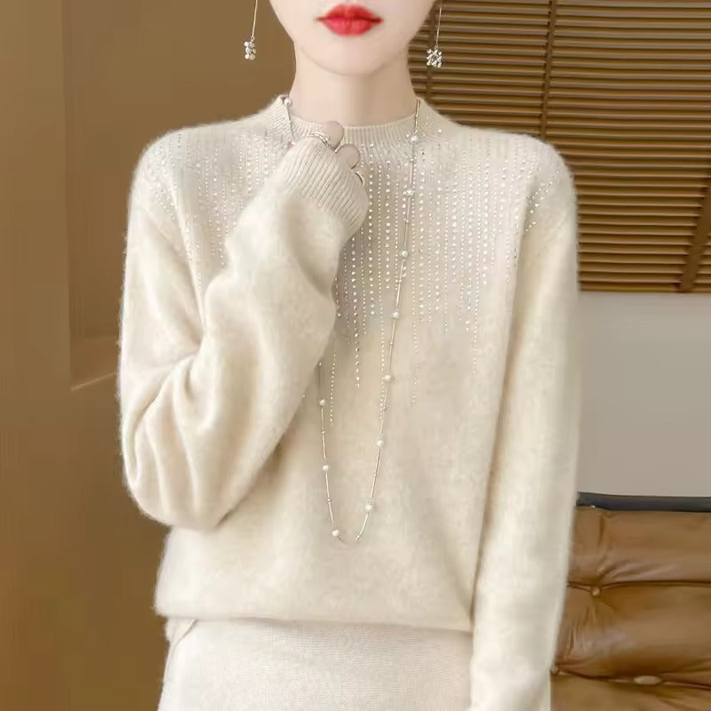 Women's loose fit wool knit sweater high neck embellished diamond pattern cozy fall top