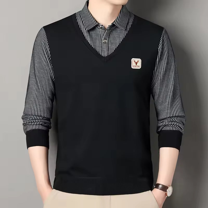 Men's slim fit knit pullover sweatshirt V-neck faux layered plaid sleeves casual knitwear