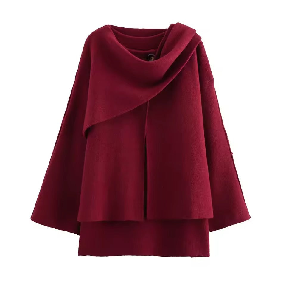 Women's oversized wool knit coat with asymmetric shawl collar, cozy relaxed fit for fall winter