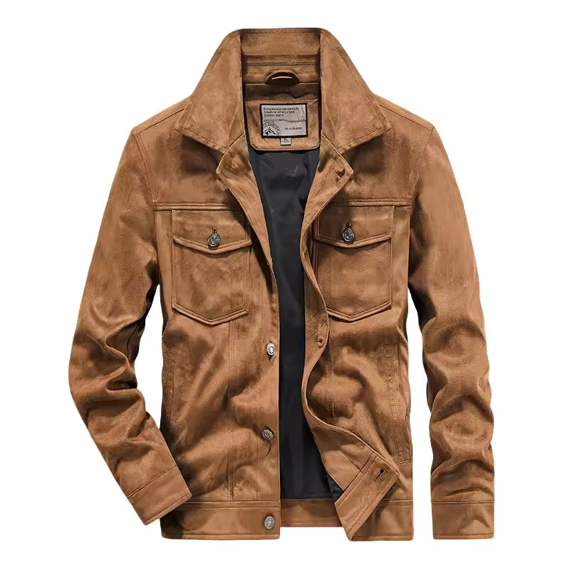 Men's slim fit suede texture jacket with chest pockets, stylish transitional outerwear for modern looks