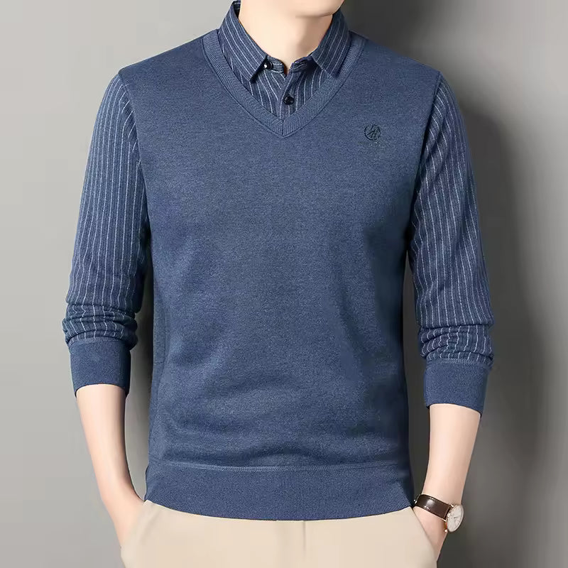 Men's slim fit fleece-lined pullover sweater with polo collar V-neck, modern casual knit style