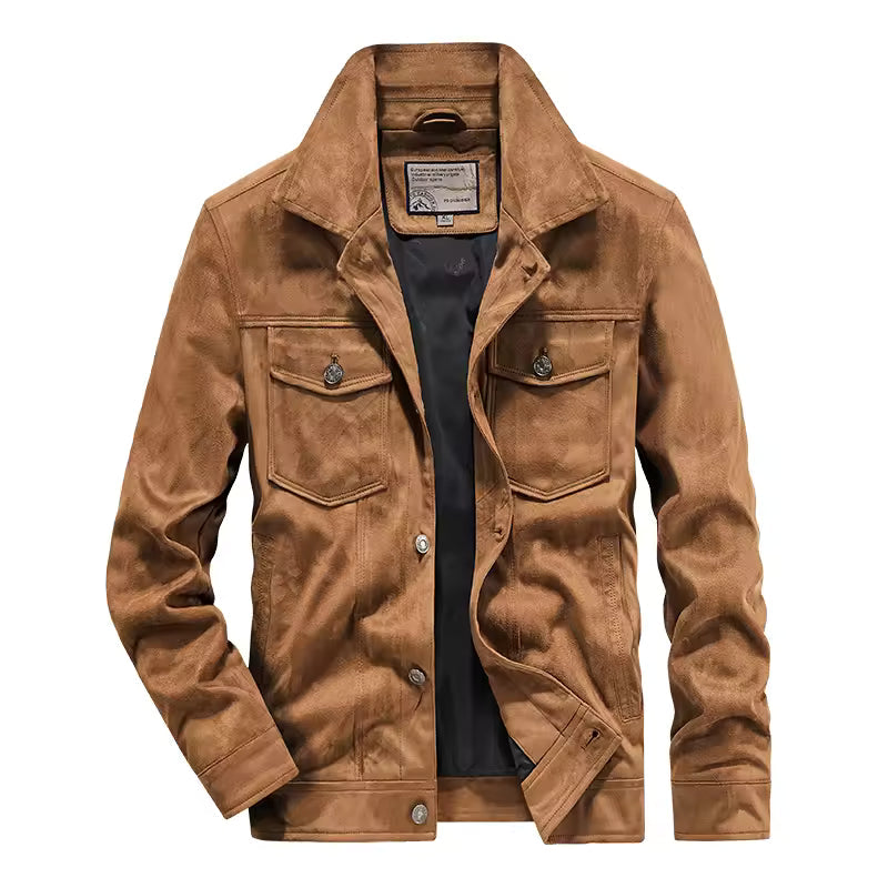 Men's slim fit suede look jacket in neutral tone with button front chest pockets