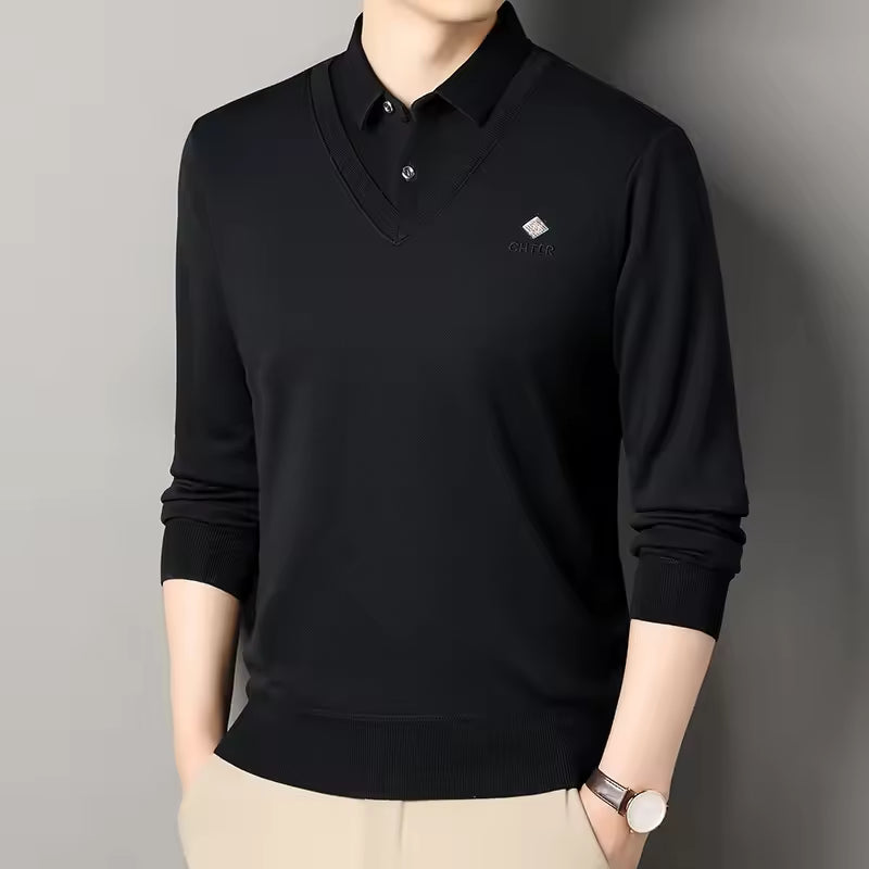 Men's fleece-lined slim fit polo collar V-neck pullover sweater for smart-casual style