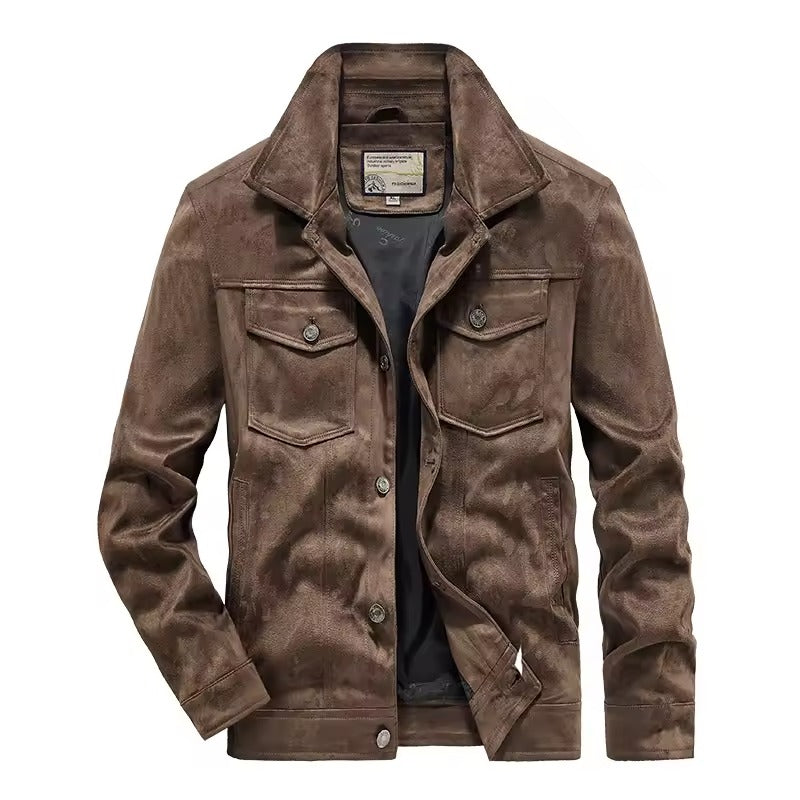 Men's slim fit suede-look jacket in neutral tone with button front chest pockets