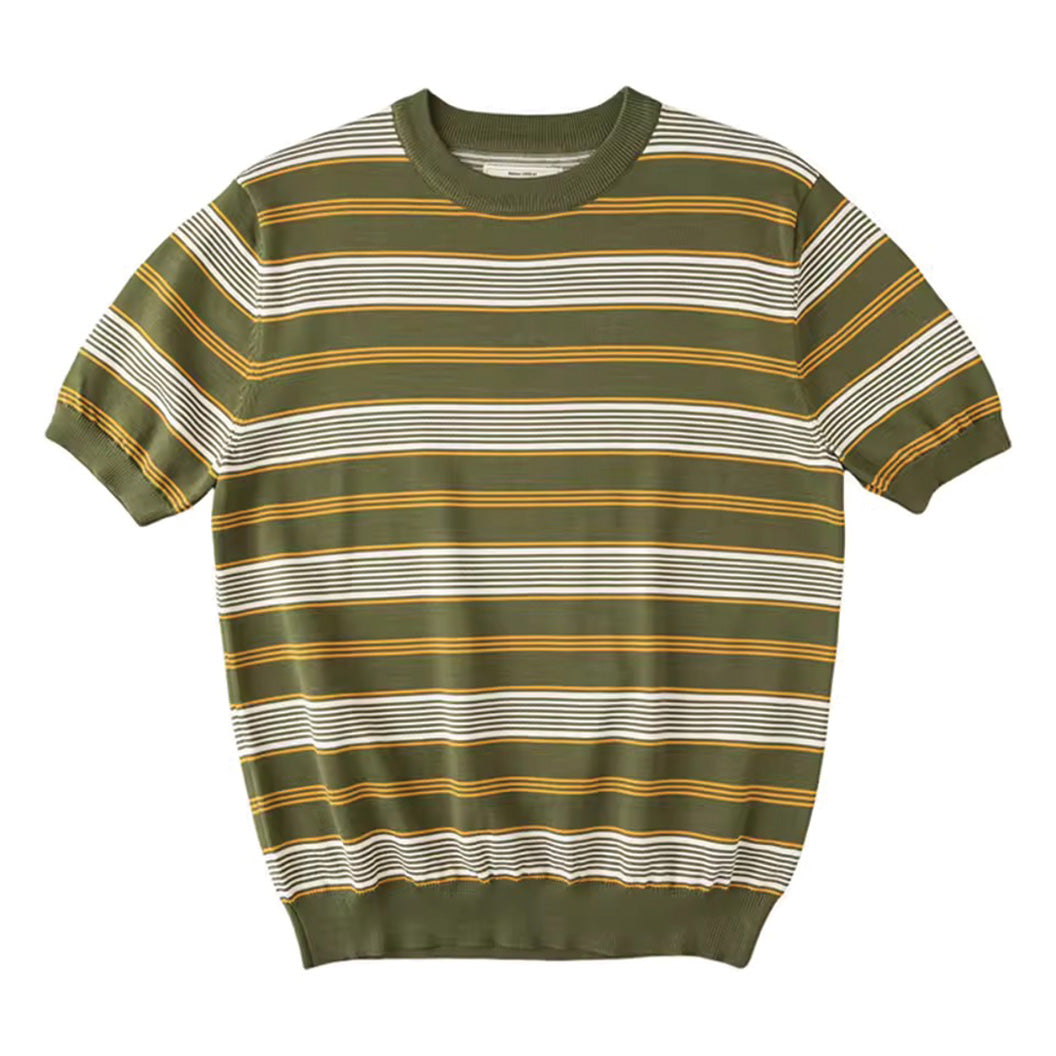 Men's retro stripe knit tee relaxed fit elasticated hem ribbed collar cotton-poly multicolor