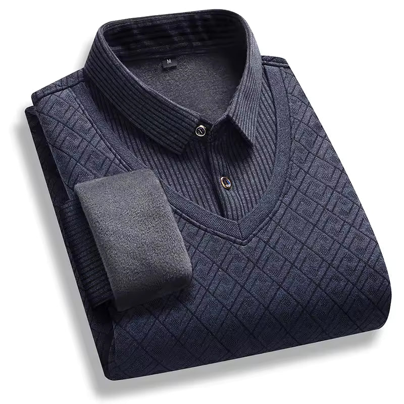Men's thick knit fleece-lined pullover sweater with polo neck, warm winter essential in premium style