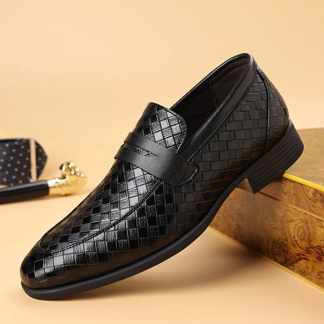 Men's brown woven texture leather loafers with hand-finished premium leather and cushioned sole