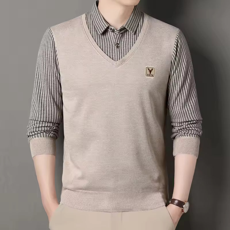 Men's slim fit knit pullover sweatshirt V-neck faux layered plaid sleeves casual knitwear