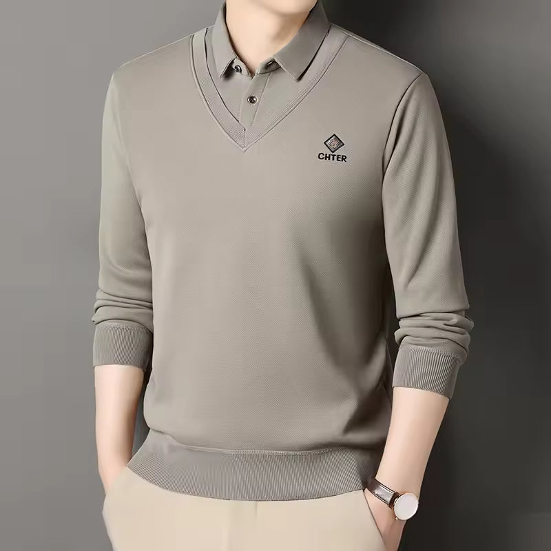 Men's fleece-lined slim fit polo collar V-neck pullover sweater for smart-casual style