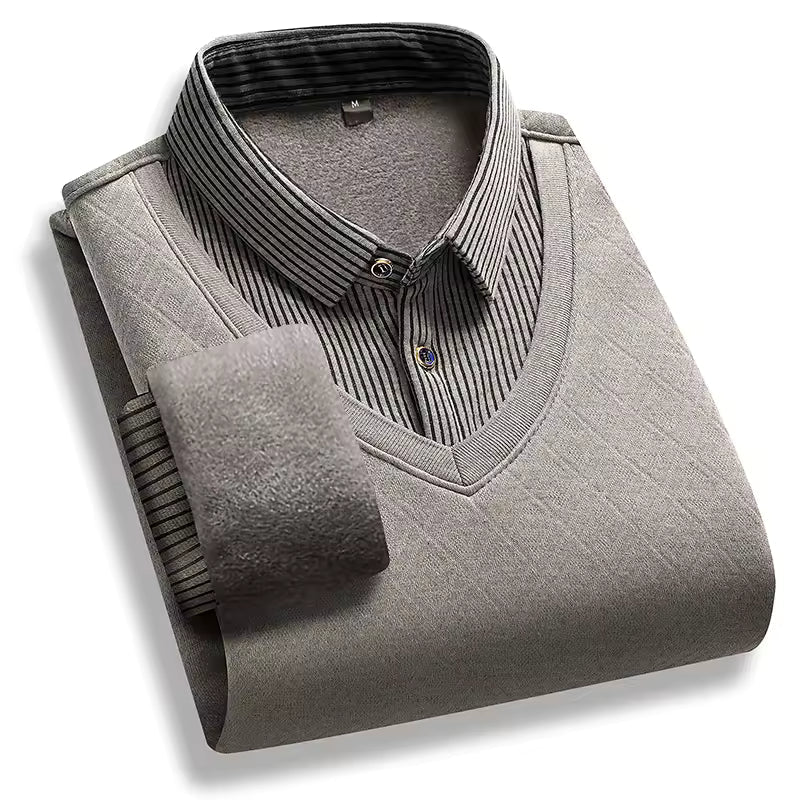 Men's thick knit fleece-lined pullover sweater warm winter essential with polo neck collar