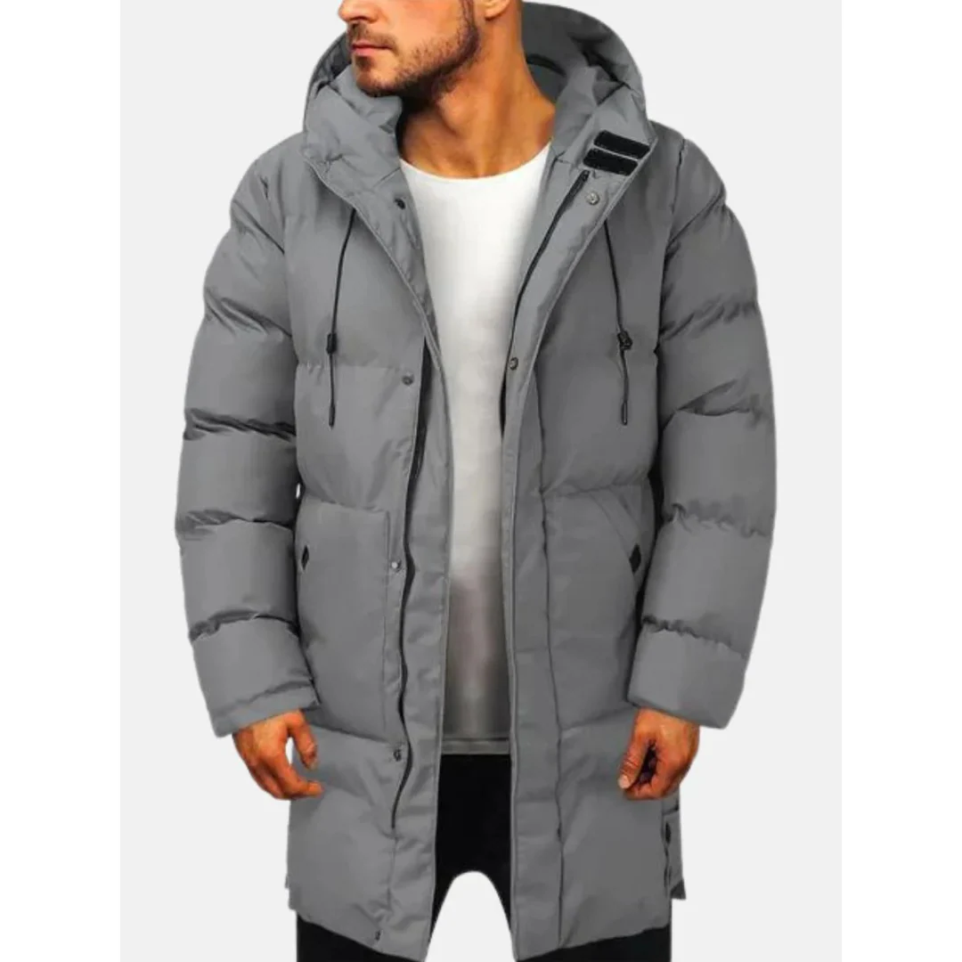 Men's quilted hooded jacket water-resistant knee-length regular fit urban style outerwear
