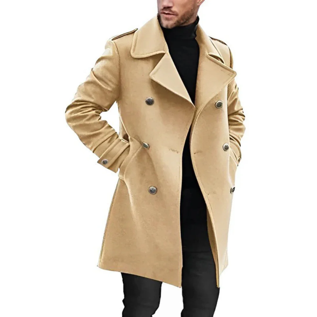 Men's charcoal wool-look double breasted tailored fit mid-length trench coat with classic lapels