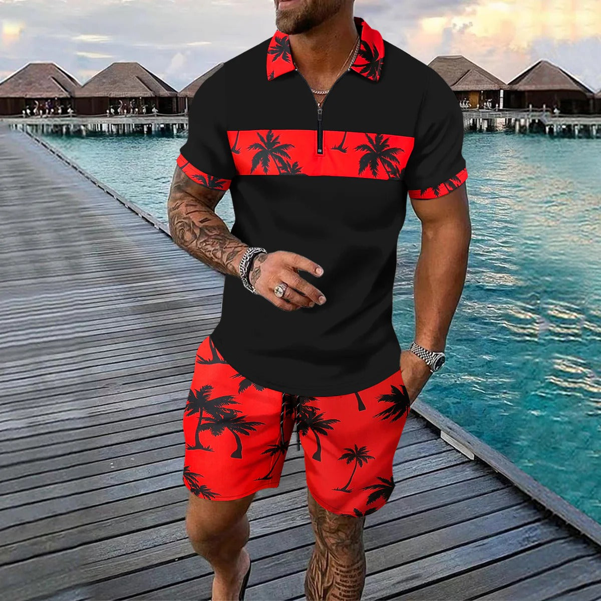 Men's slim fit zip polo and tropical pattern shorts set lightweight breathable summer outfit