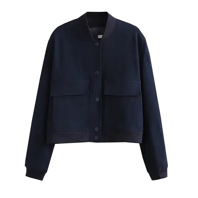 Women's cropped relaxed-fit jacket with button closure and rib details for modern transitional style