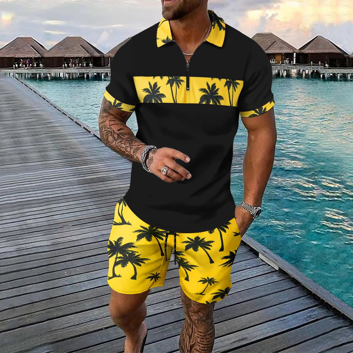 Men's slim fit zip polo and tropical pattern shorts set lightweight breathable summer outfit