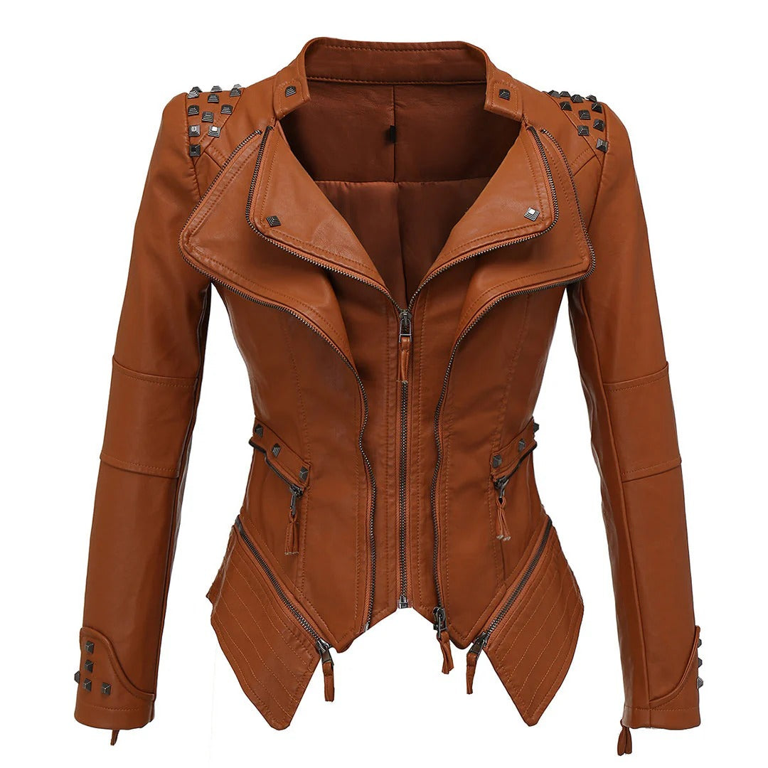 Black slim fit women's biker jacket studded shoulders asymmetrical zip zippered cuffs PU leather